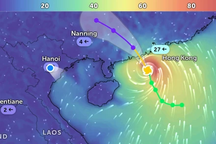 Đường đi của bão số 7 lúc 6 giờ 40 phút. (Ảnh: Zoom Earth).