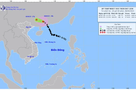 Bản đồ dự báo quỹ đạo và cường độ áp thấp nhiệt đới lúc 20 giờ ngày 8/9.