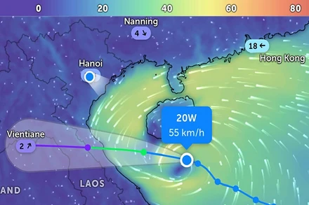 Vị trí áp thấp nhiệt đới lúc 21 giờ 30 phút. (Ảnh Zoom Earth)