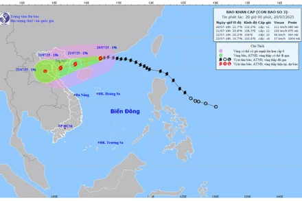 Bản đồ dự báo quỹ đạo và cường độ bão số 3 phát lúc 20 giờ ngày 20/7.