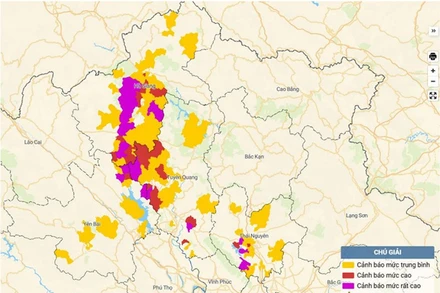 Bản đồ nguy cơ lũ quét, sạt lở đất đá trên các khu vực.