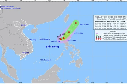 Bản đồ dự báo quỹ đạo và cường độ bão trên Biển Đông phát lúc 17 giờ ngày 24/7.