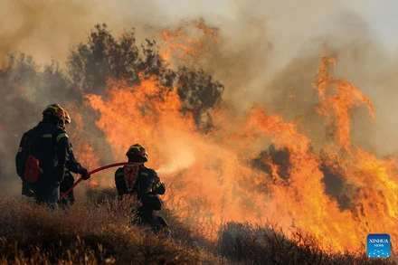 Lính cứu hỏa nỗ lực dập tắt ngọn lửa đang thiêu rụi các khu rừng và đất nông nghiệp gần Ierapetra trên đảo Crete, Hy Lạp. (Ảnh: THX)
