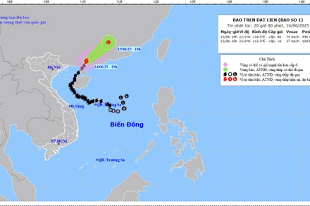 Bản đồ dự báo quỹ đạo và cường độ bão số 1 lúc 20 giờ ngày 14/6/2025.
