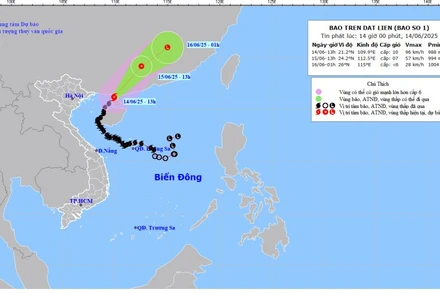 Bản đồ dự báo quỹ đạo và cường độ bão số 1 lúc 14 giờ ngày 14/6/2025.