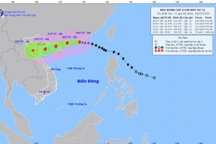 Bản đồ dự báo quỹ đạo và cường độ bão số 3 phát lúc 11 giờ ngày 20/7. (Ảnh: Trung tâm Dự báo khí tượng thủy văn quốc gia)