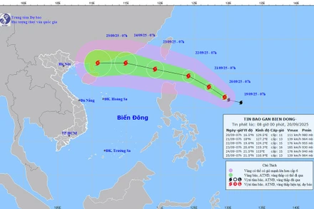 Bản đồ dự báo quỹ đạo và cường độ bão Ragasa phát lúc 8 giờ ngày 20/9.