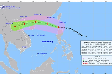 Bản đồ dự báo quỹ đạo và cường độ siêu bão Ragasa phát lúc 20 giờ ngày 22/9.
