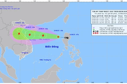 Bản đồ dự báo quỹ đạo và cường độ của áp thấp nhiệt đới lúc 2 giờ ngày 23/8.