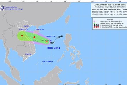 Bản đồ dự báo quỹ đạo và cường độ áp thấp nhiệt đới lúc 8 giờ ngày 29/8.