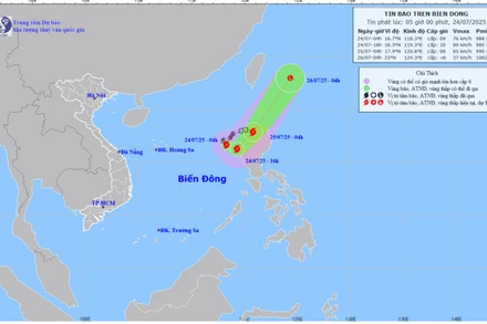 Bản đồ dự báo quỹ đạo và cường độ bão trên Biển Đông phát lúc 5 giờ ngày 24/7. (Ảnh: Trung tâm Dự báo khí tượng thủy văn quốc gia).