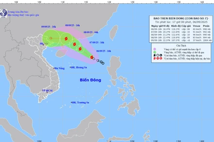 Bản đồ dự báo quỹ đạo và cường độ bão lúc 17 giờ ngày 6/9.