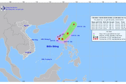 Bản đồ dự báo quỹ đạo và cường độ bão trên Biển Đông phát lúc 11 giờ ngày 24/7.