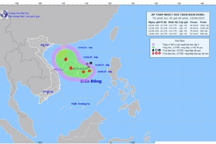 Bản đồ dự báo quỹ đạo và cường độ áp thấp nhiệt đới lúc 5 giờ ngày 10/6/2025.