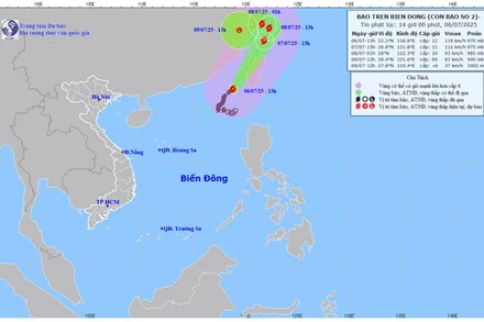  Bản đồ dự báo quỹ đạo và cường độ bão lúc 14 giờ ngày 6/7.