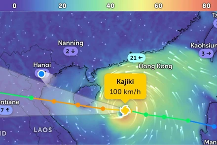 Vị trí bão số 5 (Kajiki) lúc 21 giờ. (Ảnh Zoom Earth)