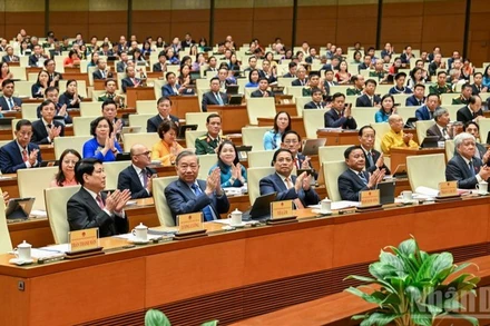 Các đồng chí lãnh đạo Đảng, Nhà nước dự phiên khai mạc Kỳ họp thứ 10, Quốc hội khóa XV sáng 20/10. (Ảnh: DUY LINH)