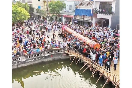 Cây đình liệu khổng lồ được trai tráng trong làng rước ra đền Lộng Khê.