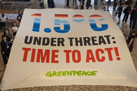 "Đối diện hiểm họa: Thời điểm để hành động!" - Khẩu hiệu của nhóm Green Peace bên ngoài hội nghị Bonn.