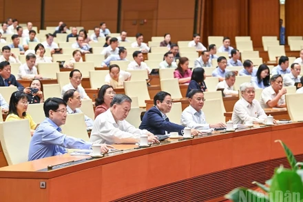 Đại biểu Quốc hội bấm nút thông qua Nghị quyết sửa đổi, bổ sung một số điều của Hiến pháp. (Ảnh: DUY LINH) 