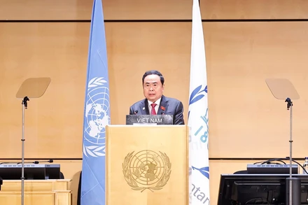 Chủ tịch Quốc hội Trần Thanh Mẫn dự và phát biểu tại Phiên thảo luận chung với chủ đề “Một thế giới đang hỗn loạn: Hợp tác nghị viện và chủ nghĩa đa phương vì hòa bình, công bằng và thịnh vượng cho mọi người dân”. (Ảnh: TTXVN)