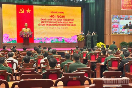 Điểm cầu Hà Nội trực tiếp tại Bộ Quốc phòng, Hà Nội. (Ảnh: HNV)