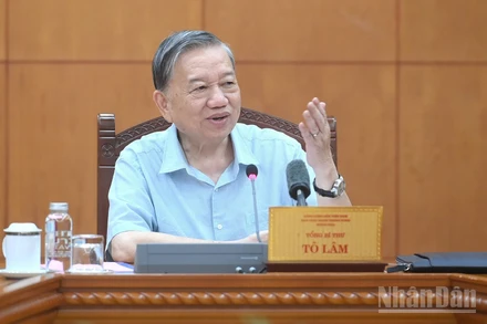 Tổng Bí thư Tô Lâm phát biểu chỉ đạo tại cuộc làm việc. (Ảnh: ĐĂNG KHOA)
