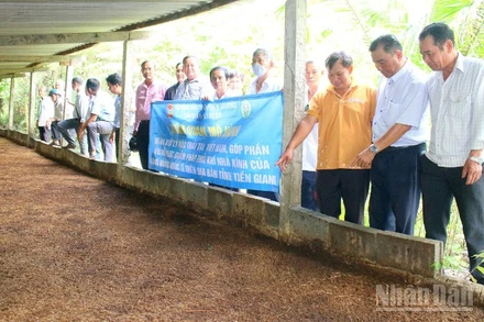 Cán bộ, hội viên nông dân đi tham quan thực tế mô hình sản xuất phân trùn quế. 