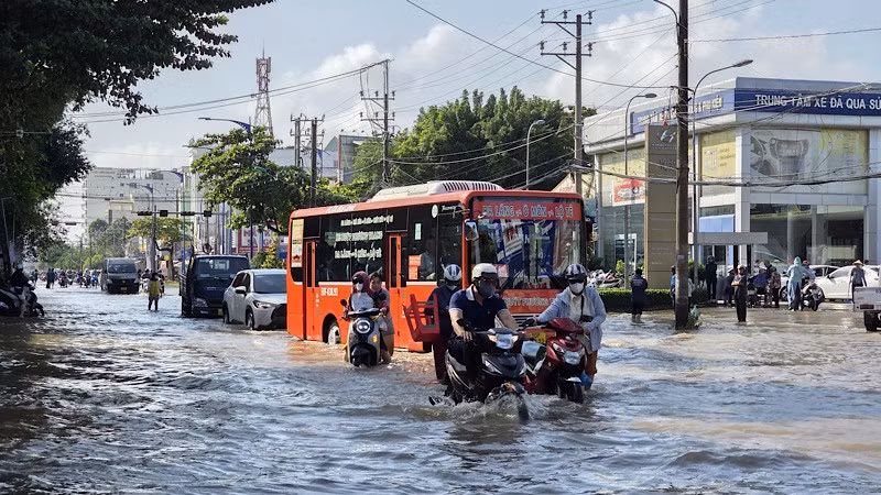 Đường phố trung tâm Cần Thơ ngập nặng do triều cường sáng 11/9.