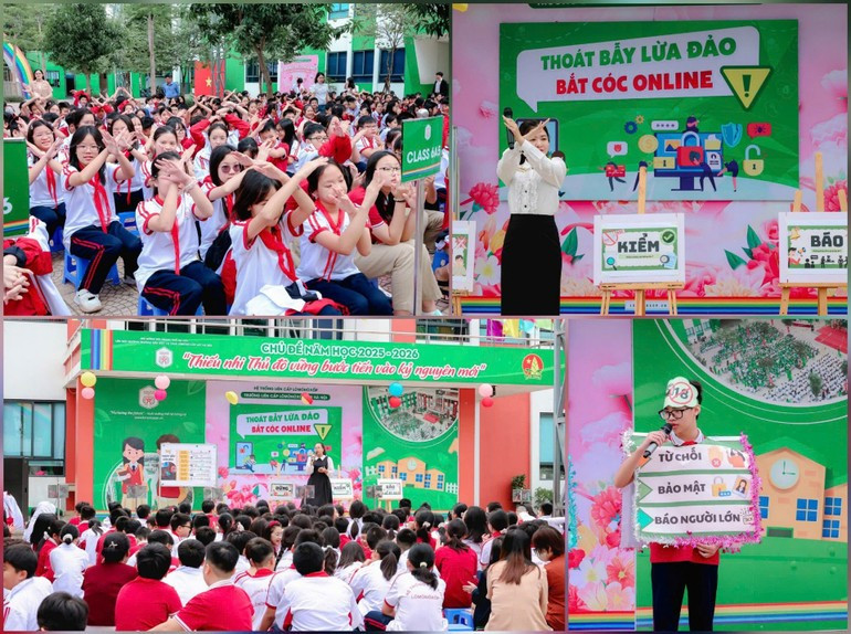 Chương trình giáo dục kỹ năng sống “Thoát bẫy lừa đảo - Bắt cóc online” hưởng ứng chiến dịch "Không Một Mình" của thầy và trò Trường liên cấp Lômônôxốp Tây Hà Nội. (Ảnh: QUANG HUY)