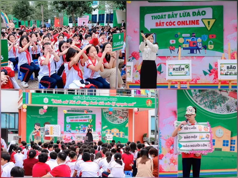 Chương trình giáo dục kỹ năng sống “Thoát bẫy lừa đảo - Bắt cóc online” hưởng ứng chiến dịch "Không Một Mình" của thầy và trò Trường liên cấp Lômônôxốp Tây Hà Nội. (Ảnh: QUANG HUY)