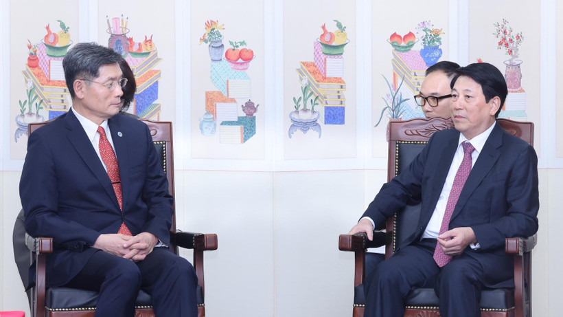 Chủ tịch nước Lương Cường tiếp Chủ tịch Quỹ Giao lưu quốc tế Hàn Quốc (KF) Kim Ghee Whan. (Ảnh: TTXVN)