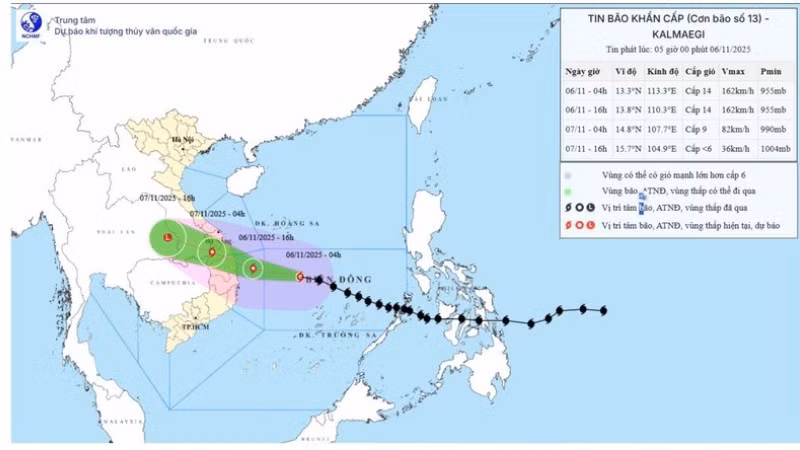 Bản đồ dự báo quỹ đạo và cường độ bão số 13 (Kalmaegi) phát lúc 5 giờ sáng 6/11/2025. (Nguồn: Trung tâm Dự báo khí tượng thủy văn quốc gia)