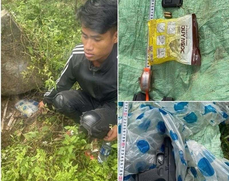 Một trong số 4 đối tượng bị bắt cùng hung khí là khẩu súng ngắn. (Ảnh: Công an Quảng Trị)