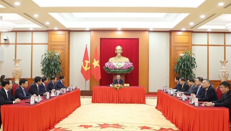 Tổng Bí thư Tô Lâm điện đàm với Tổng thống Hoa Kỳ Donald Trump. Ảnh: (THỐNG NHẤT/TTXVN)
