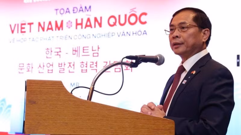 Phó Thủ tướng, Bộ trưởng Ngoại giao Việt Nam Bùi Thanh Sơn phát biểu tại Tọa đàm. (Nguồn: Báo Chính phủ)