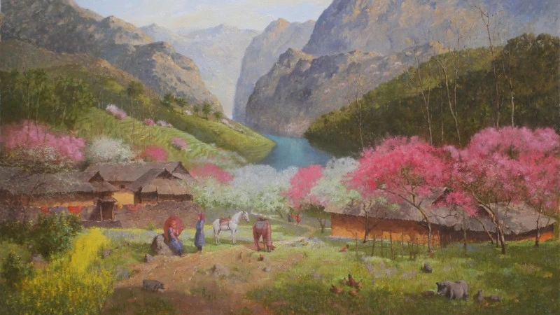 Một trích đoạn tranh sơn dầu "Chuyện ngày xuân" của họa sĩ Lê Thư.