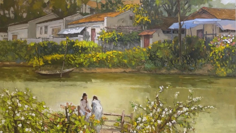 Một trích đoạn tác phẩm tranh sơn dầu "Nắng mới" của họa sĩ Lâm Đức Mạnh.