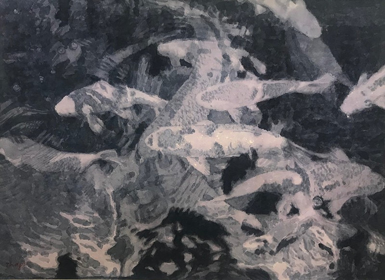 Đào Thành Dzuy, Quần ngư tranh thực, chất liệu tổng hợp trên giấy Dó, 80x120cm, 2017. anh-2.jpg