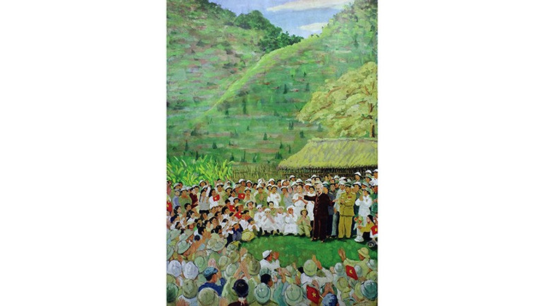 Bác Hồ nói chuyện với bộ đội Việt Bắc (Mộc Châu), bột mầu, 1985, Nguyễn Văn Giáo. 4.jpg
