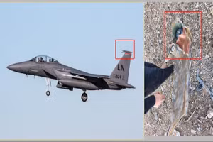 Bức ảnh mảnh vỡ máy bay bị IRGC bắn rơi trên bầu trời Iran vào ngày 3/4/2026 phù hợp với phần đuôi của tiêm kích F-15E Strike Eagle của Không quân Mỹ. (Ảnh: Telegram/TTXVN)