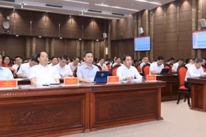 Các đại biểu dự hội nghị triển khai các Chương trình hành động của Ban Thường vụ Thành ủy Hà Nội thực hiện Nghị quyết Hội nghị lần thứ hai. (Ảnh: QUANG THÁI)