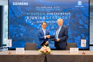 Lãnh đạo Công ty TNHH Siemens và Công ty cổ phần Pacific Land tại lễ ký Biên bản ghi nhớ hợp tác.