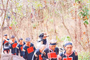 Các già làng dẫn đoàn lên núi làm lễ.