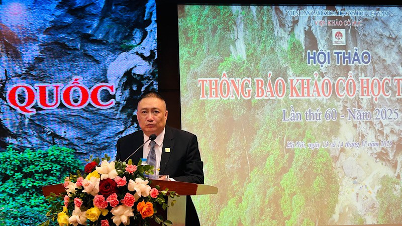 Tiến sĩ Hà Văn Cẩn, Viện trưởng Viện Khảo cổ học, phát biểu khai mạc hội thảo.