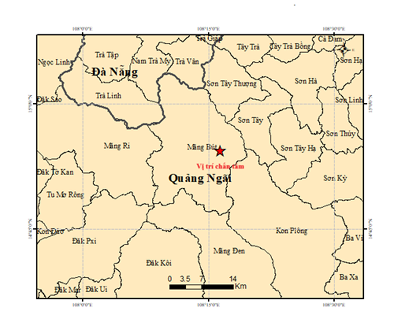 Bản đồ tâm chấn động đất M=2,7 tại xã Măng Bút, tỉnh Quảng Ngãi. (Nguồn: Trung tâm Báo tin động đất và Cảnh báo sóng thần, Viện Các khoa học trái đất) dong-dat-27.png