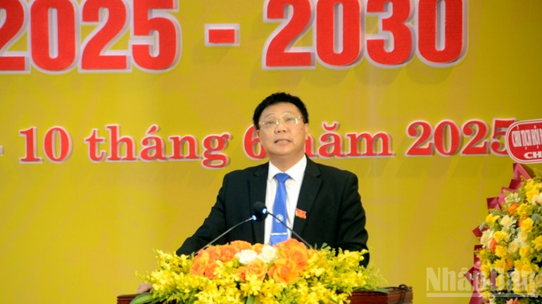 Đồng chí Nguyễn Quang Ngoạn, Bí thư Đảng ủy Trường đại học Quy Nhơn phát biểu tại đại hội. ndo_br_dsc0068.jpg