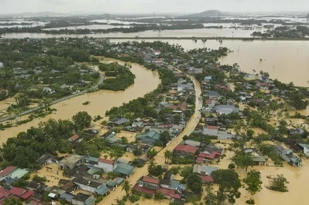 Cảnh ngập lụt tại xã Nông Cống.