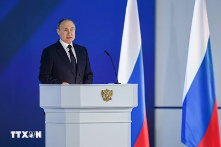 Tổng thống Nga Vladimir Putin phát biểu tại Thủ đô Moskva. (Ảnh: THX/TTXVN)
