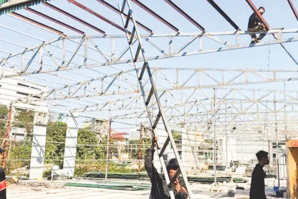 Lực lượng chức năng xã Thanh Trì tháo dỡ công trình vi phạm trên đất nông nghiệp.